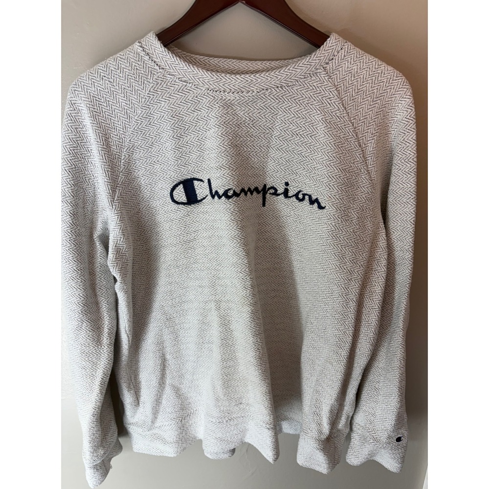 Champion Womens Herringbone Knit Sweatshirt Grey White XL Pullover Logo Raglan